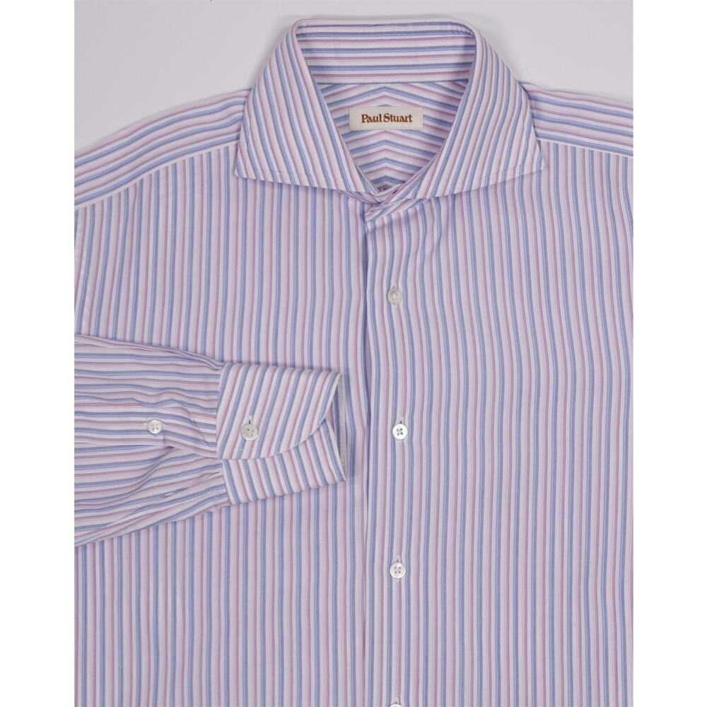 Paul Stuart Blue Pink Striped Spread Collar Dress Shirt (39) 15.5-32